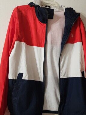U.S. Polo Assn. Red White Navy Colorblock Hooded Windbreaker